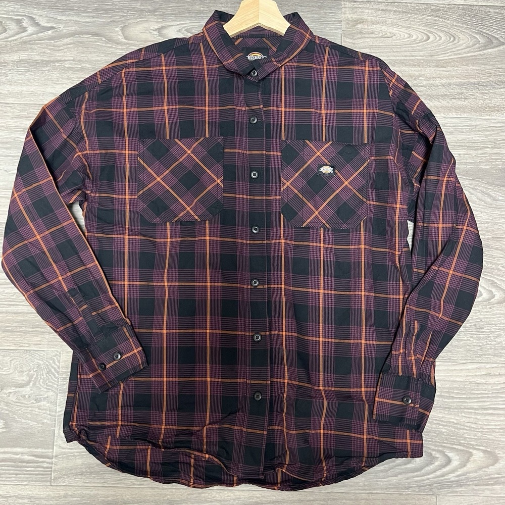 Dickies Plaid Flannel Long Sleeve Black Purple Orange Oversized Size M‎ 0057